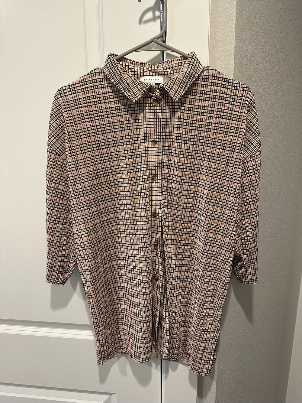 Topshop Beige Checked Short Sleeve Shirt